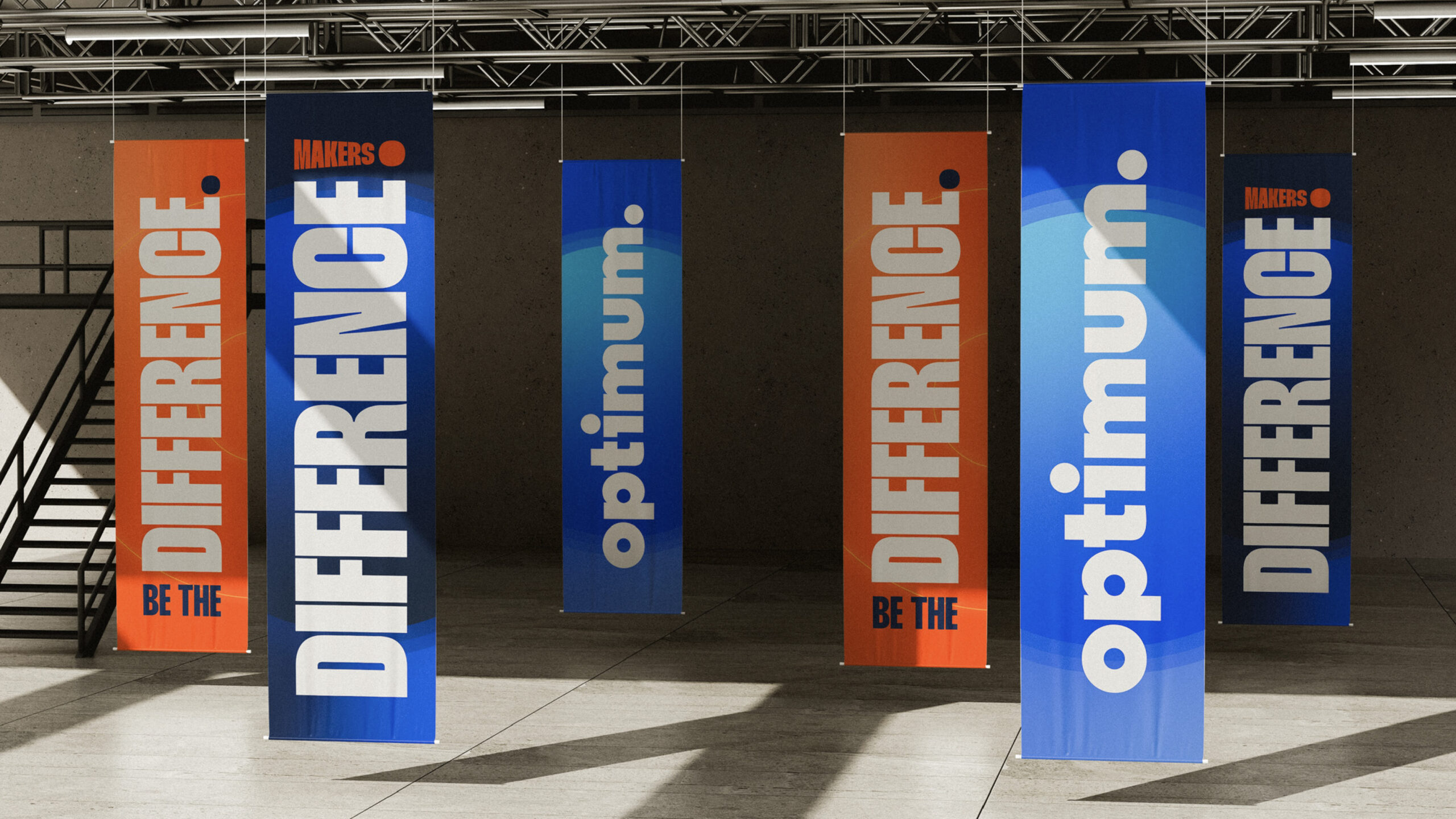 Optimum branded pull-up banners lining a corridor