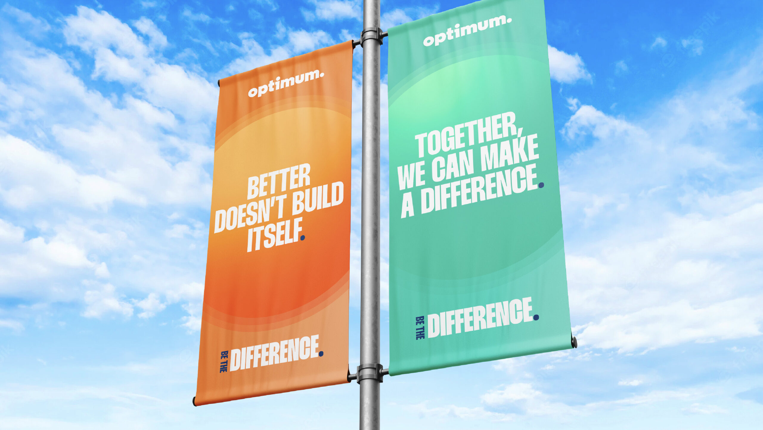 Optimum lamppost banners against a blue sky