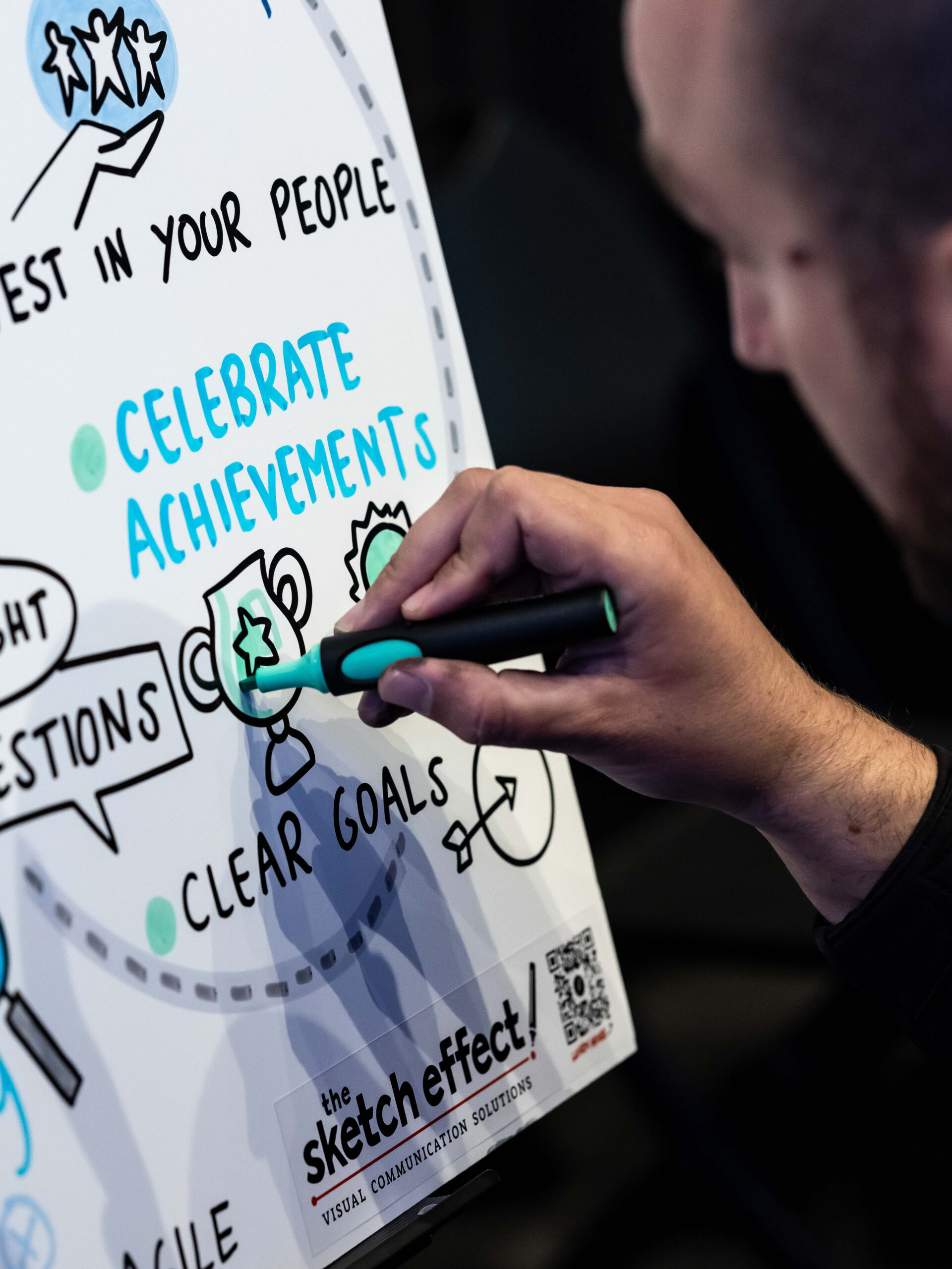 Person writing on a 'Celebrate' board at West's conference